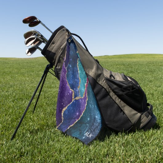 Agate Blue Paars Aqua Gold Veins Monogram Golfhanddoek (Groen)