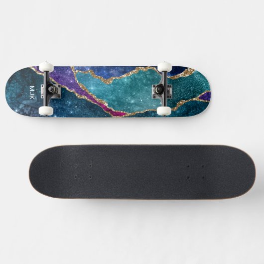 Agate Blue Paars Aqua Gold Veins Monogram Persoonlijk Skateboard (Horizontaal)