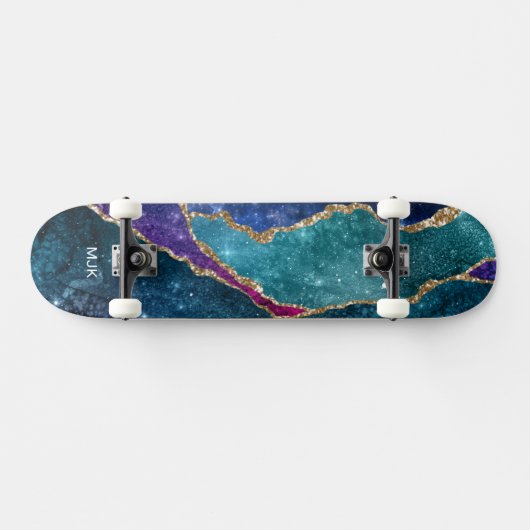 Agate Blue Paars Aqua Gold Veins Monogram Persoonlijk Skateboard (Horizontaal)