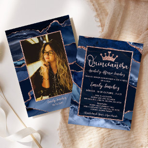 Agate Blue Roos Gold Quinceañera Kaart