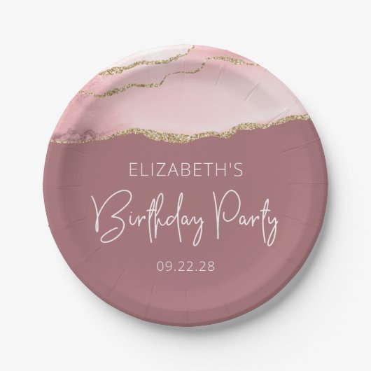 Agate Blush Gold Dusty Roos Birthday Party Papieren Bordje (Voorkant)