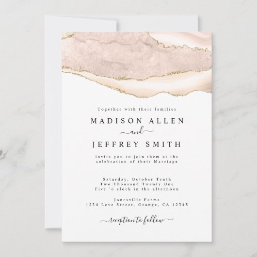 Agate Blush & Gold Glitter Wedding Invitation Aankondiging (Voorkant)