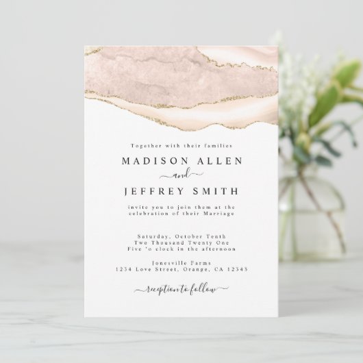 Agate Blush & Gold Glitter Wedding Invitation Aankondiging (Staand voorkant)