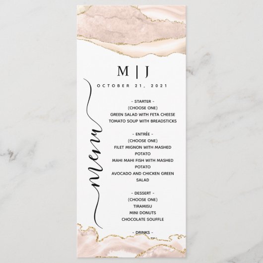 Agate Blush & Gold Glitter Wedding Menu (Voorkant)