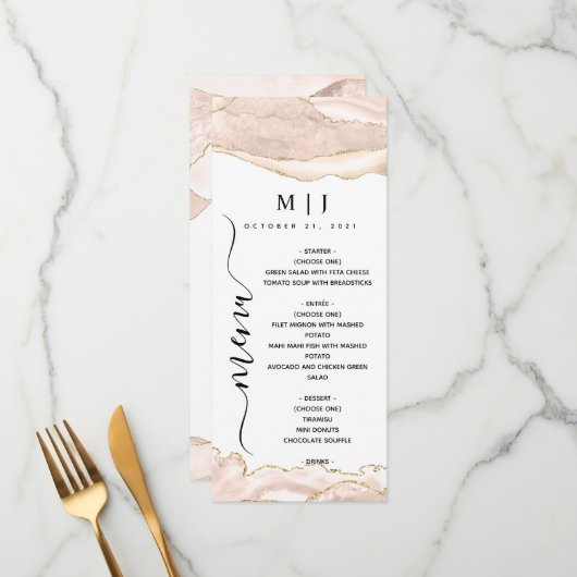 Agate Blush & Gold Glitter Wedding Menu (Voorkant / Achterkant in situ)
