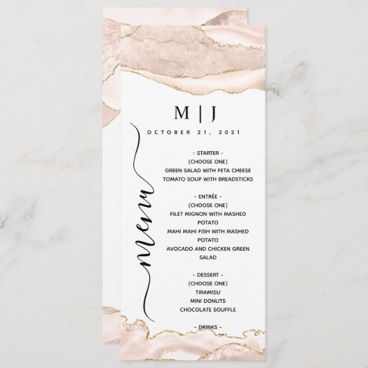 Agate Blush & Gold Glitter Wedding Menu (Voorkant / Achterkant)