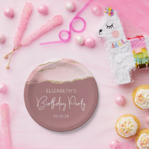 Agate Blush Goud Stof Roze Verjaardagsfeestje Papieren Bordje