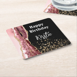 Agate Blush Roze Zwart Roos Gouden Glitter Verjaar Kartonnen Onderzetters