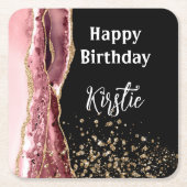 Agate Blush Roze Zwart Roos Gouden Glitter Verjaar Kartonnen Onderzetters (Voorkant)