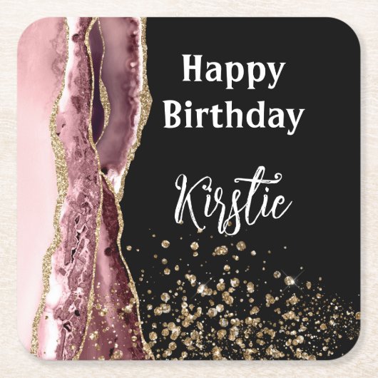 Agate Blush Roze Zwart Roos Gouden Glitter Verjaar Kartonnen Onderzetters (Voorkant)