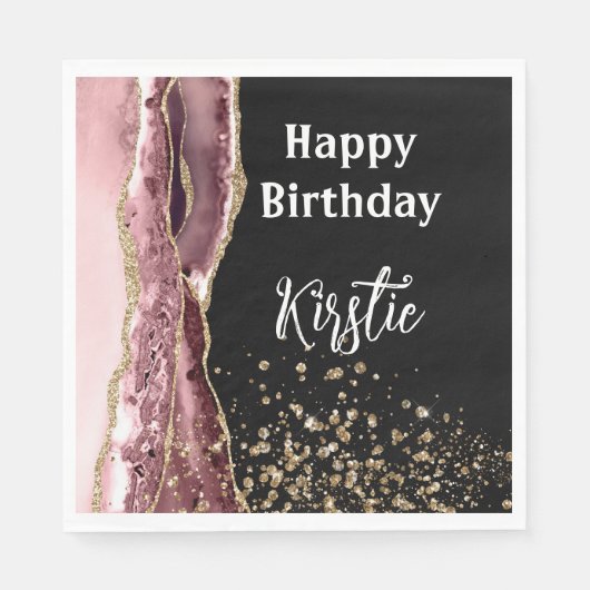 Agate Blush Roze Zwart Roos Gouden Glitter Verjaar Servet (Voorkant)