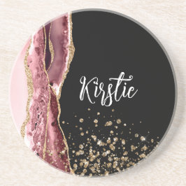 Agate Blush Roze Zwart Roos Gouden Glitter Zandsteen Onderzetter