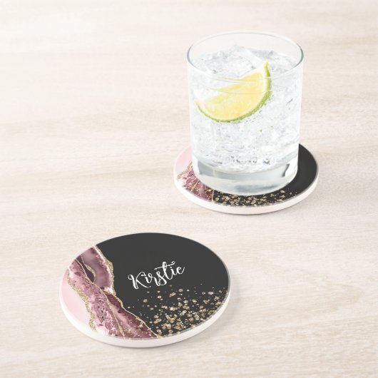 Agate Blush Roze Zwart Roos Gouden Glitter Zandsteen Onderzetter (Zijkant)