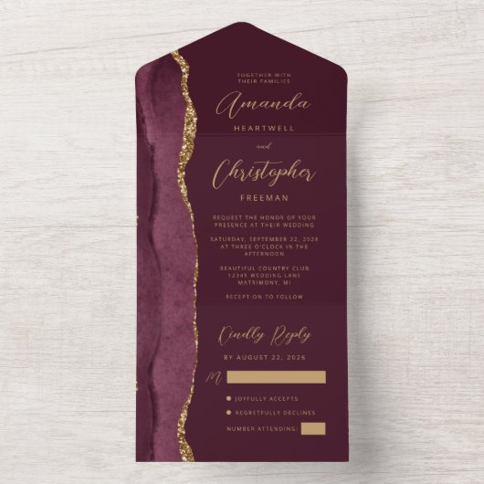 Agate Bourgogne Gold Script All In One Uitnodiging (Binnen)