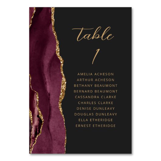 Agate Bourgondië Goud Modern Script Dark Wedding Kaart (Achterkant)