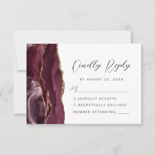 Agate Bourgondië Goud Modern Script Wedding RSVP Kaartje (Voorkant)