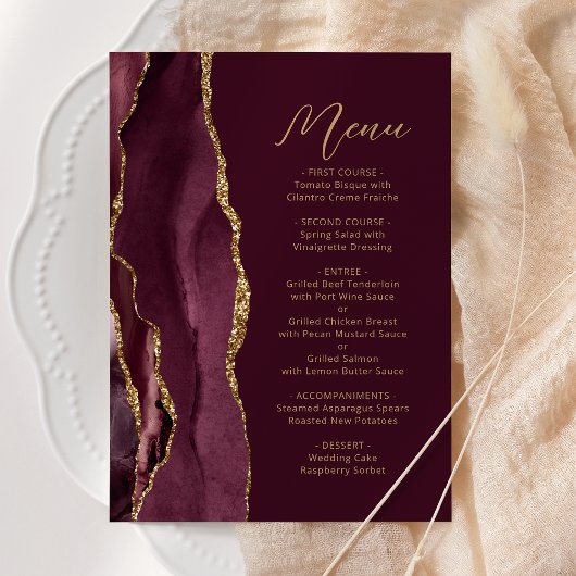 Agate Bourgondië Goud Schrift Bruiloft Menu