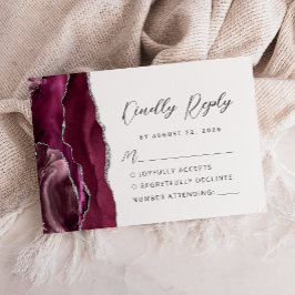 Agate Bourgondië Zilver Modern Schrift Bruiloft RSVP Kaartje