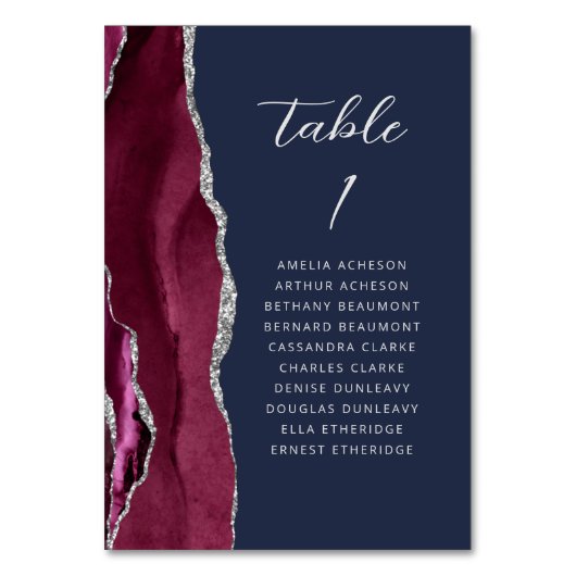 Agate Bourgondië Zilver Modern Script Marine Weddi Kaart (Achterkant)