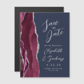 Agate Bourgondië Zilveren Navy Wedding Save the Da Magnetische Uitnodiging (Voorkant / Achterkant)