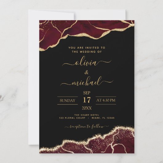 Agate Burgundy Gold Black Modern Wedding Kaart (Voorkant)
