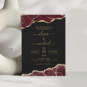 Agate Burgundy Gold Black Modern Wedding Kaart