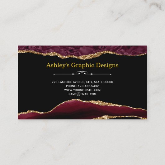 Agate Burgundy & Gold Faux Glitter Visitekaartje (Achterkant)