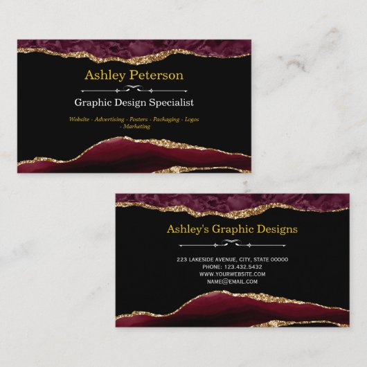 Agate Burgundy & Gold Faux Glitter Visitekaartje (Voorkant / Achterkant)