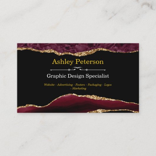 Agate Burgundy & Gold Faux Glitter Visitekaartje (Voorkant)