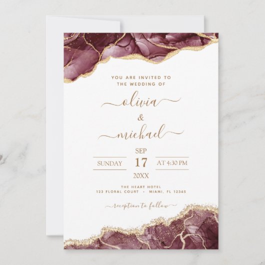 Agate Burgundy Gold Modern Wedding Kaart (Voorkant)
