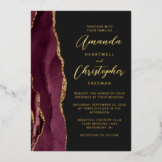 Agate Burgundy Gold Script Dark Wedding Folie Uitnodiging (Voorkant)