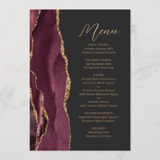 Agate Burgundy Gold Script Dark Wedding Menu (Voorkant)