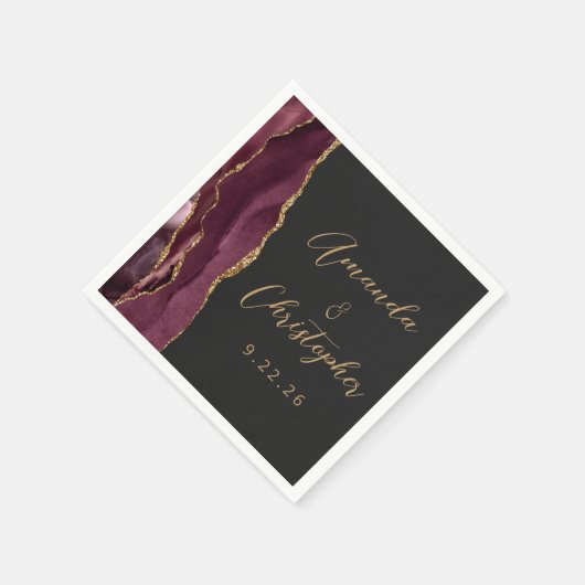 Agate Burgundy Gold Script Dark Wedding Servet (Hoek)