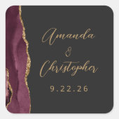 Agate Burgundy Gold Script Dark Wedding Vierkante Sticker (Voorkant)