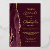 Agate Burgundy Gold Script Weduwschap Folie Uitnodiging (Voorkant)