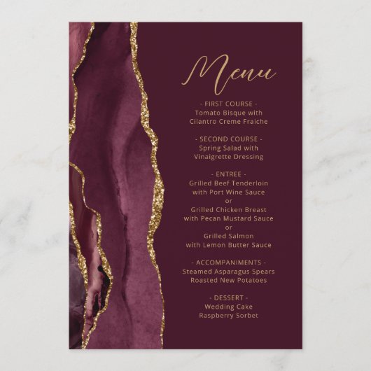 Agate Burgundy Gold Script Weduwschap Menu (Voorkant)