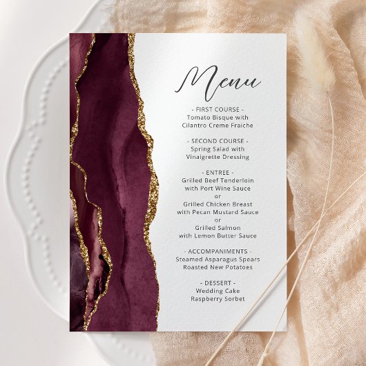 Agate Burgundy Gold Script Weduwschap Menu