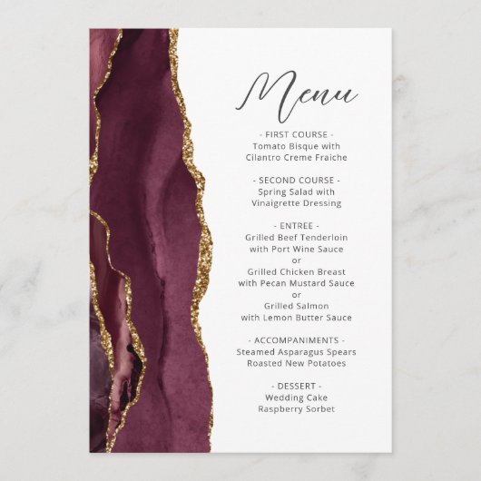 Agate Burgundy Gold Script Weduwschap Menu (Voorkant)