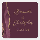 Agate Burgundy Gold Script Weduwschap Vierkante Sticker (Voorkant)