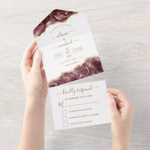 Agate Burgundy Gold Wedding Elegant Modern RSVP All In One Uitnodiging