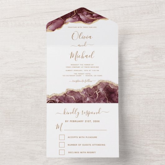 Agate Burgundy Gold Wedding Elegant Modern RSVP All In One Uitnodiging (Binnen)