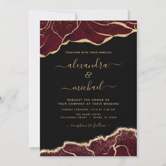 Agate Burgundy Gold Wedding Invitation Kaart (Voorkant)