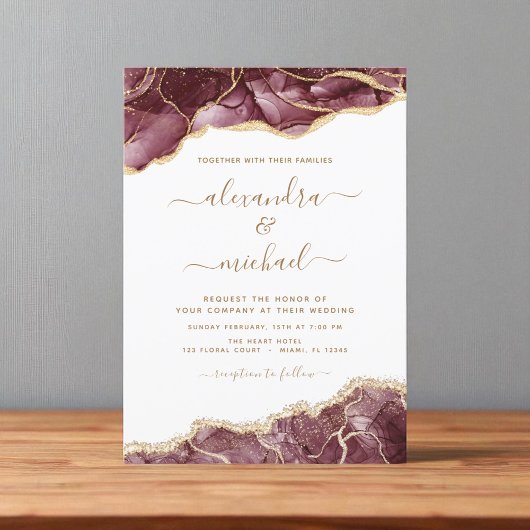 Agate Burgundy Gold Wedding Invitation Kaart