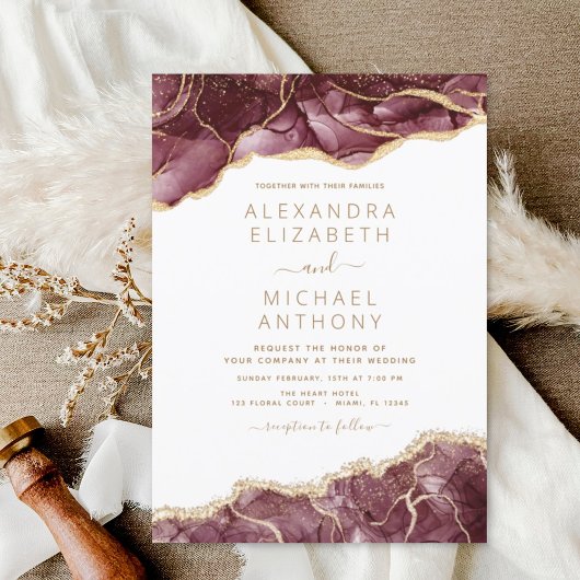 Agate Burgundy Gold Wedding Invitation Kaart