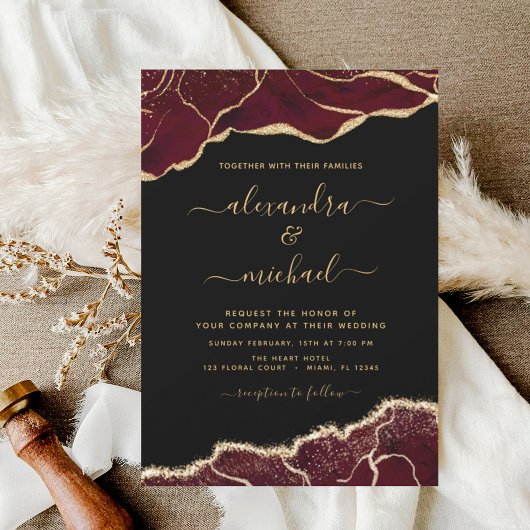 Agate Burgundy Gold Wedding Invitation Kaart