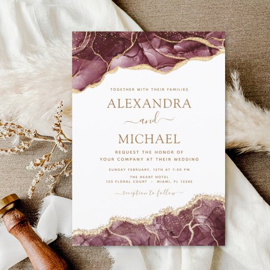 Agate Burgundy Gold Wedding Invitation Kaart