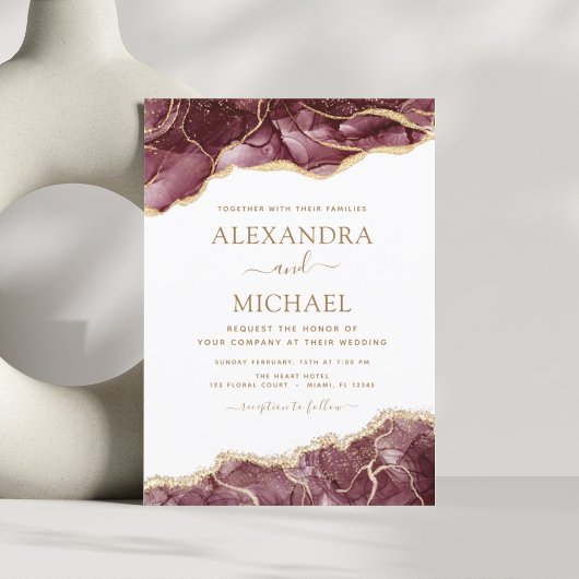 Agate Burgundy Gold Wedding Invitation Kaart