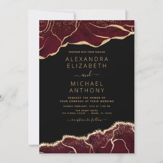 Agate Burgundy Gold Wedding Invitation Kaart (Voorkant)
