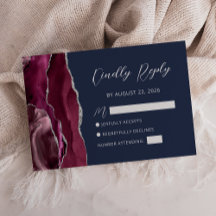 Agate Burgundy Silver Navy Blue Wedding RSVP Kaart