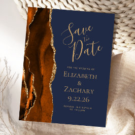 Agate Burnt Oranje Gold Navy Blue Save the Date Aankondigingskaart